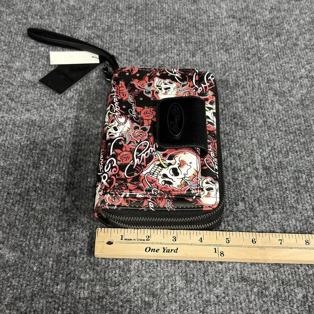 Ed Hardy Wallet Wristlet Womens One Size Black Skull Rose Tattoo Zip Around